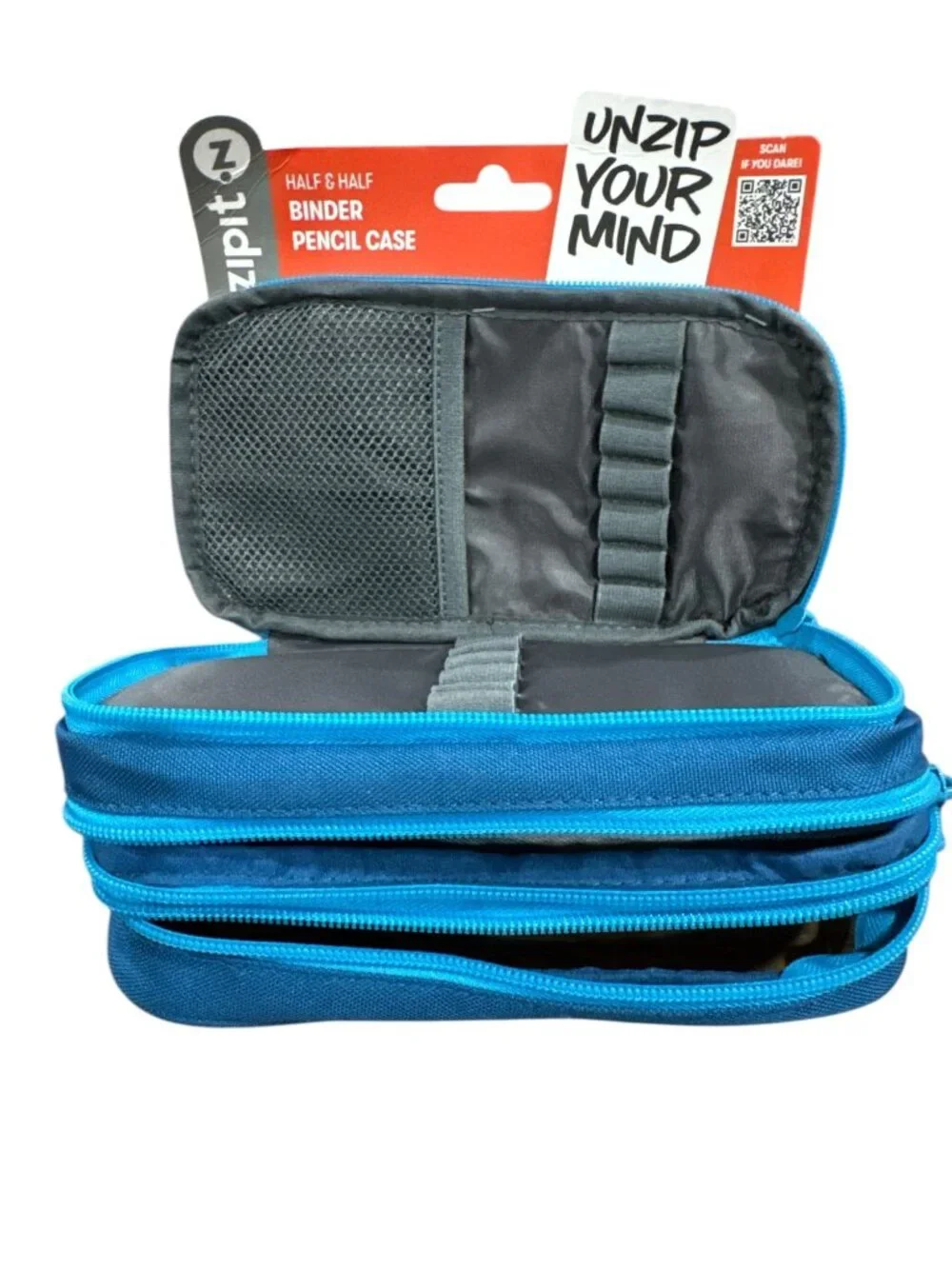 Zipit Half & Half Binder Pencil Case Football Design Blue & Clear Multiple Compa